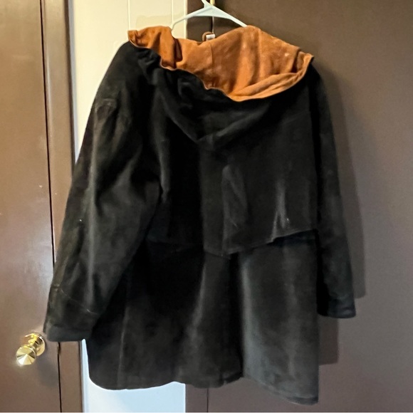 VTG Genuine Leather Suede Jacket Hoodie Coat Drawstring Waist Black Snap Closure - Picture 3 of 11